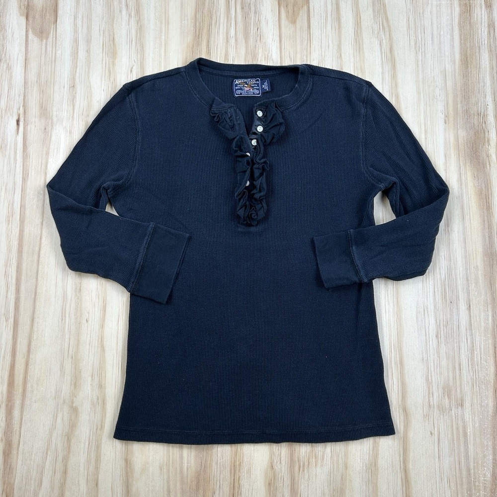 American Living Black Waffle Knit Thermal‎ Henley Top Women's M Ruffle 3/4